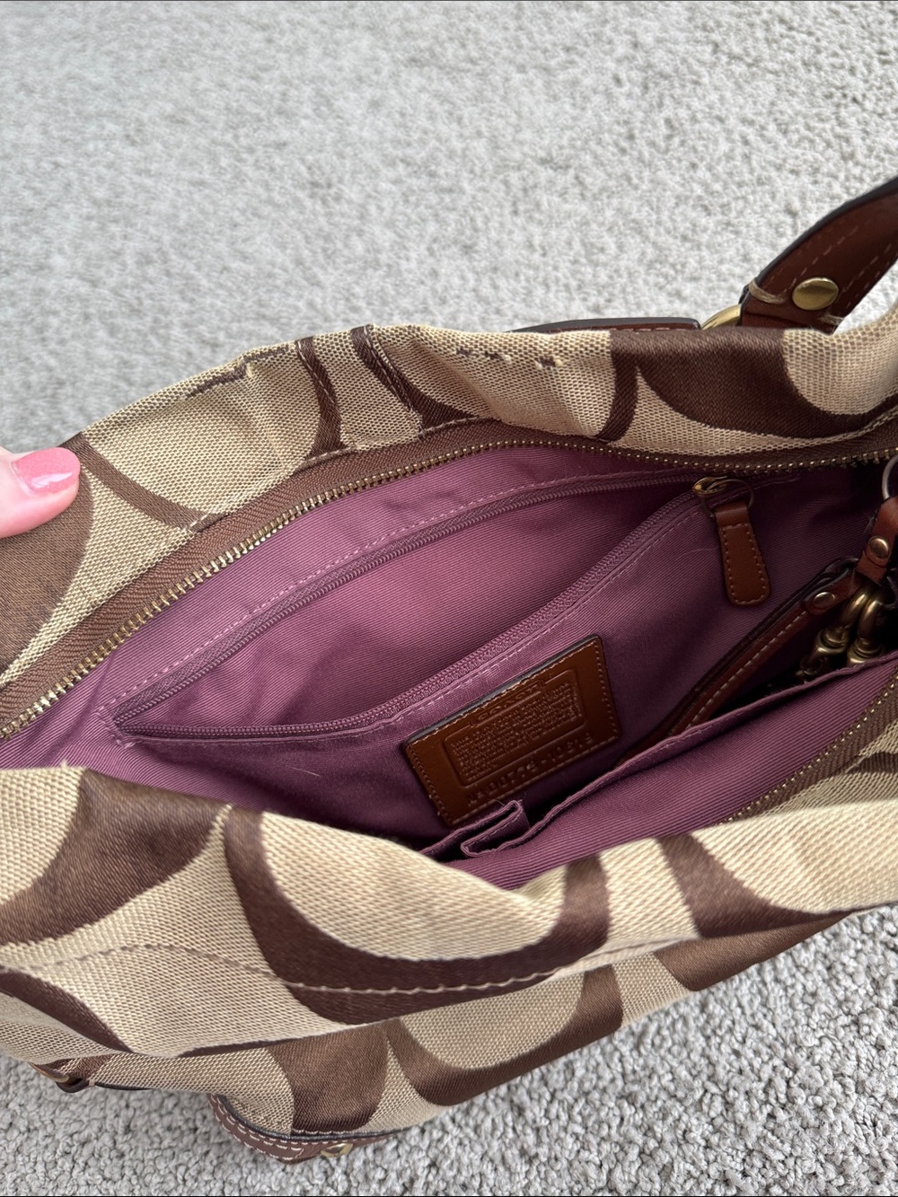 Coach Tan and Brown Signature Canvas Shoulder Bag with Leather Trim - Picture 6 of 8